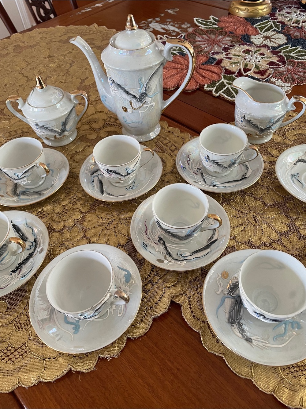 VTG.24 pcs.Japanese Moriage Demitasse Dragonware Tea Set Geisha Lithophane